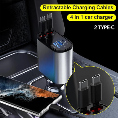 Retractable 4-in-1 Fast Car Charger - 66W USB Charging Solution for iPhone 15/14/13/12/11, Galaxy, and Pixel Devices