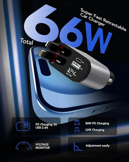 Retractable 4-in-1 Fast Car Charger - 66W USB Charging Solution for iPhone 15/14/13/12/11, Galaxy, and Pixel Devices