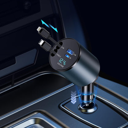 Retractable 4-in-1 Fast Car Charger - 66W USB Charging Solution for iPhone 15/14/13/12/11, Galaxy, and Pixel Devices