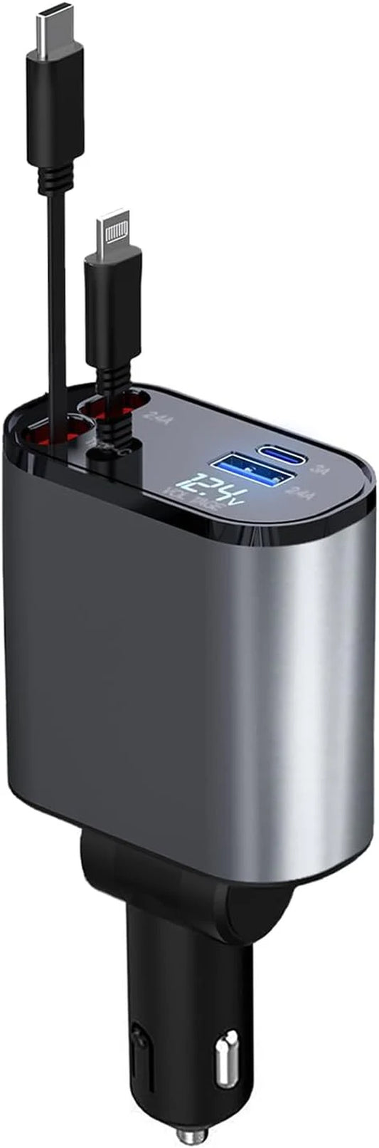 Retractable 4-in-1 Fast Car Charger - 66W USB Charging Solution for iPhone 15/14/13/12/11, Galaxy, and Pixel Devices