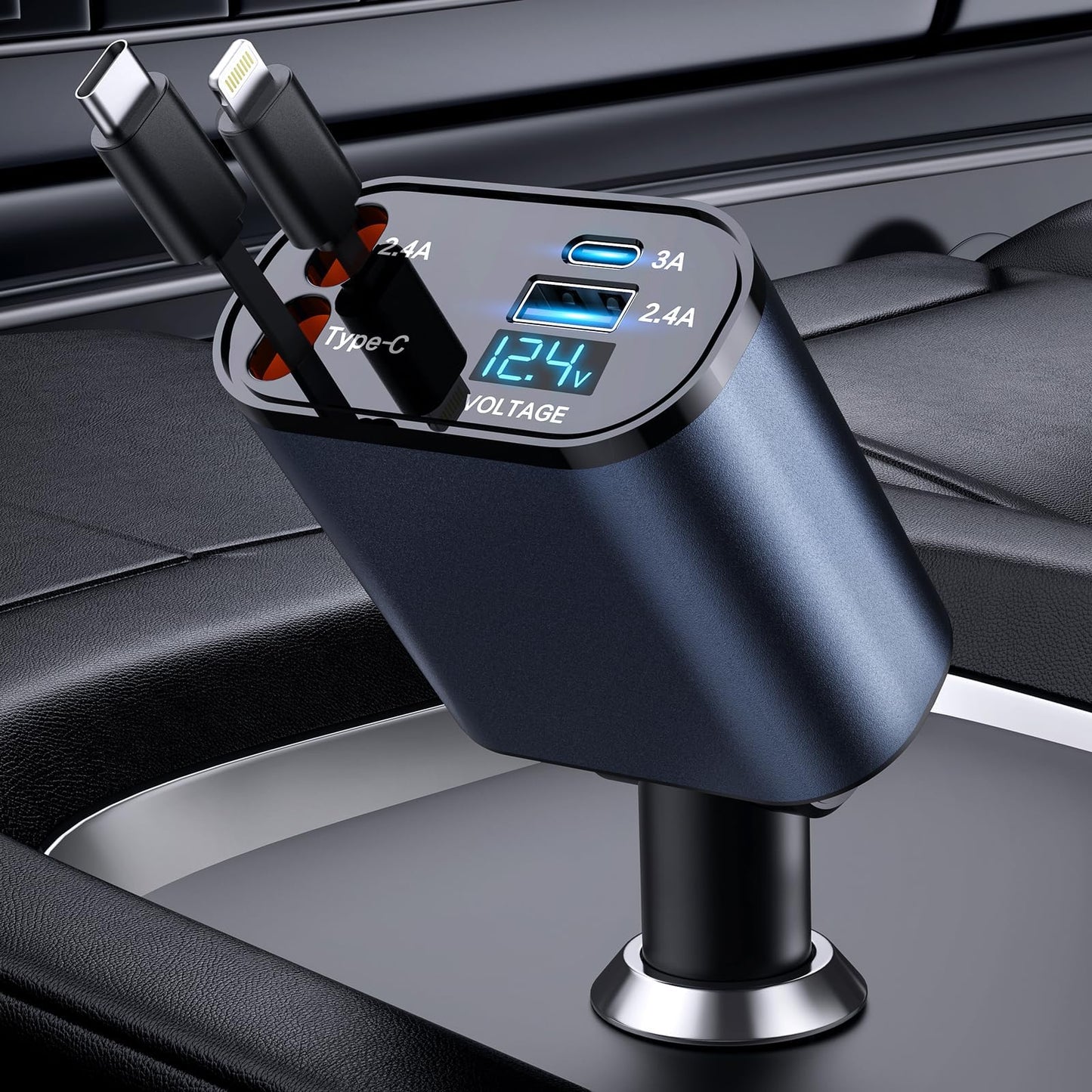 Retractable 4-in-1 Fast Car Charger - 66W USB Charging Solution for iPhone 15/14/13/12/11, Galaxy, and Pixel Devices