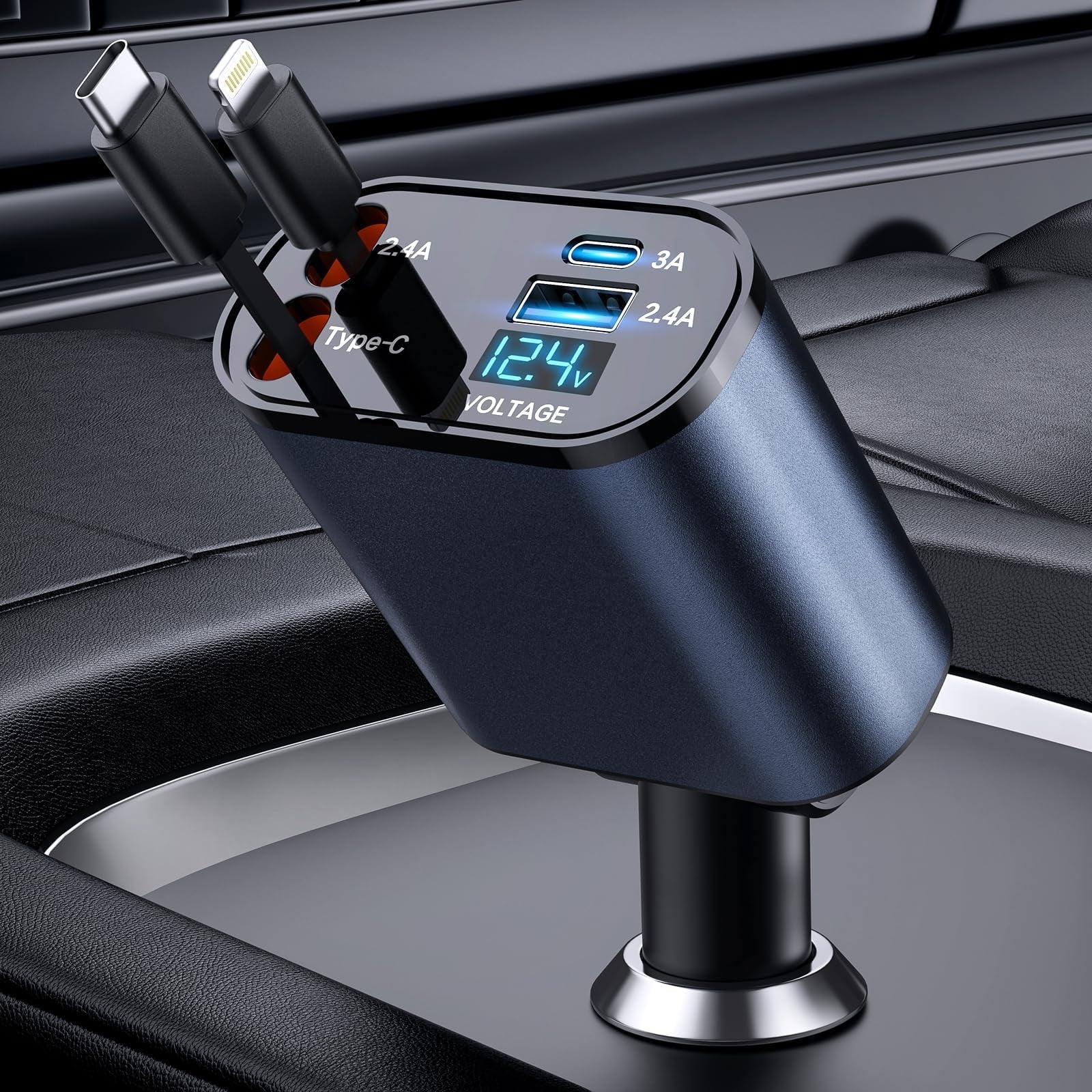 Retractable 4-in-1 Fast Car Charger - 66W USB Charging Solution for iPhone 15/14/13/12/11, Galaxy, and Pixel Devices