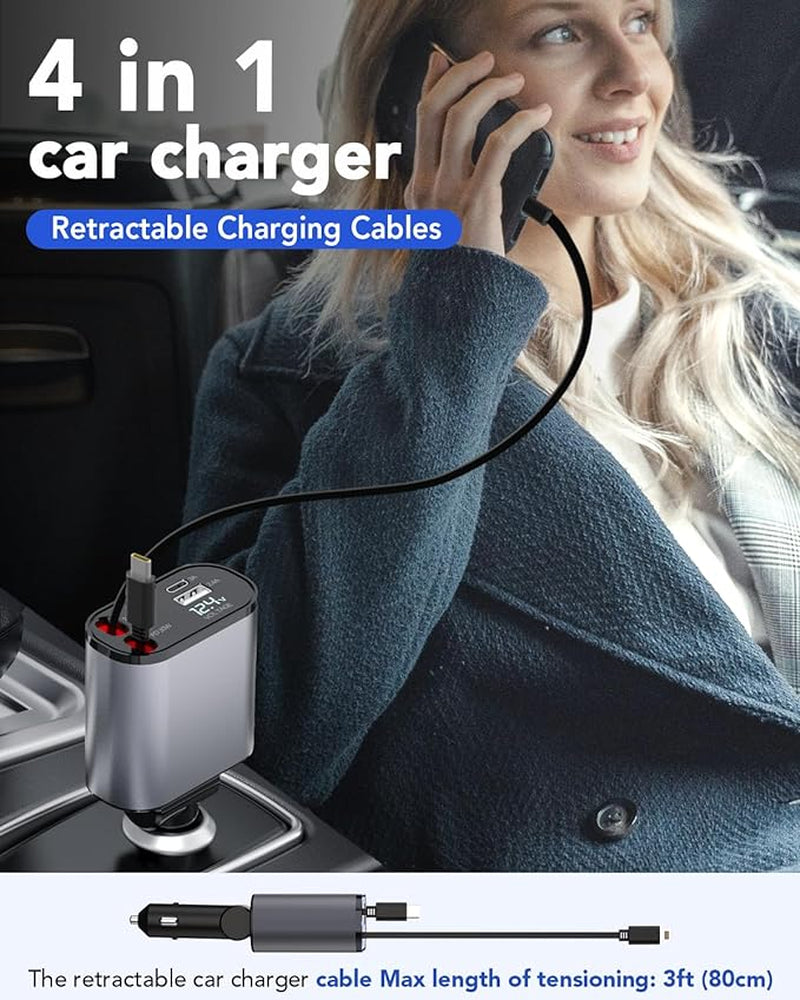 Retractable 4-in-1 Fast Car Charger - 66W USB Charging Solution for iPhone 15/14/13/12/11, Galaxy, and Pixel Devices