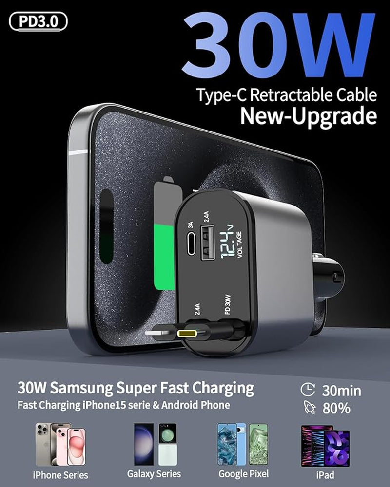 Retractable 4-in-1 Fast Car Charger - 66W USB Charging Solution for iPhone 15/14/13/12/11, Galaxy, and Pixel Devices