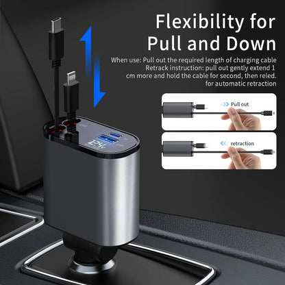 Retractable 4-in-1 Fast Car Charger - 66W USB Charging Solution for iPhone 15/14/13/12/11, Galaxy, and Pixel Devices