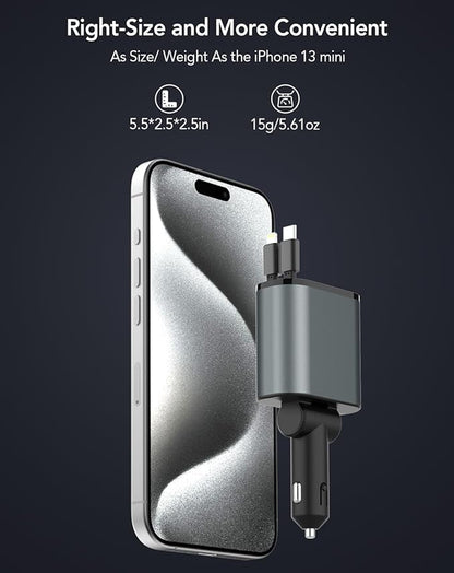 Retractable 4-in-1 Fast Car Charger - 66W USB Charging Solution for iPhone 15/14/13/12/11, Galaxy, and Pixel Devices